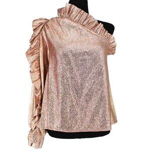 Ulla Johnson Catroux Blouse Rose Gold Sparkle Ruffle One Sleeve Top 6 S/M NEW